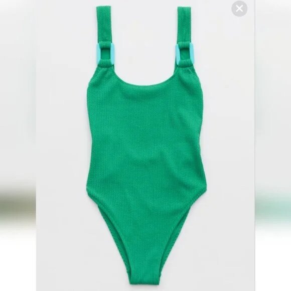 NEW | Aerie Green/Blue Crinkle Birthday Scoop Cheekiest One Piece Swimsuit XL‎ - Picture 2 of 11